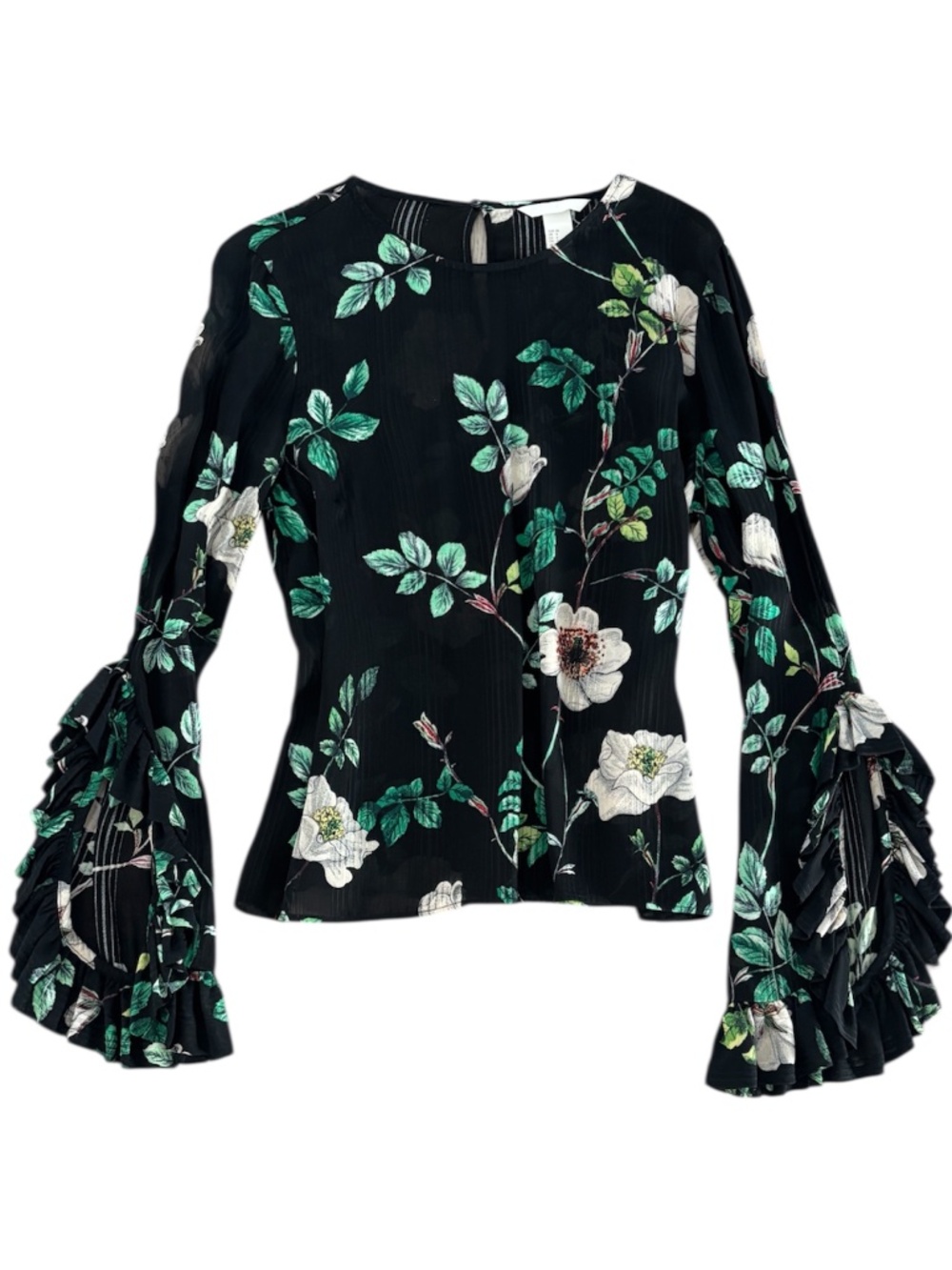 H&M Black Floral Long-Sleeve Blouse with Ruffled Bell Sleeves
